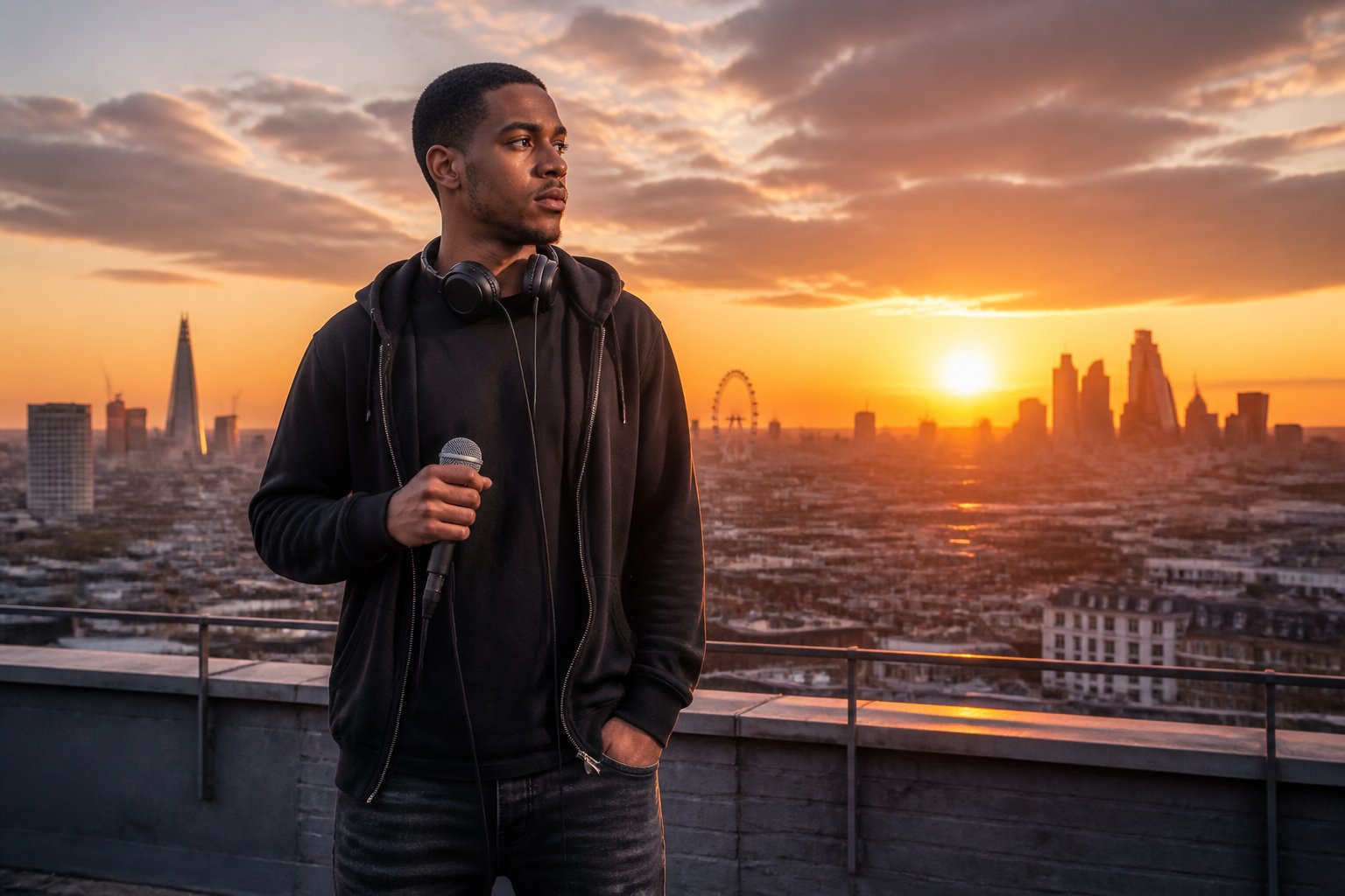 A young Black male rapper standing on a city rooftop at sunset, holding a microphone and looking confidently over the London skyline.