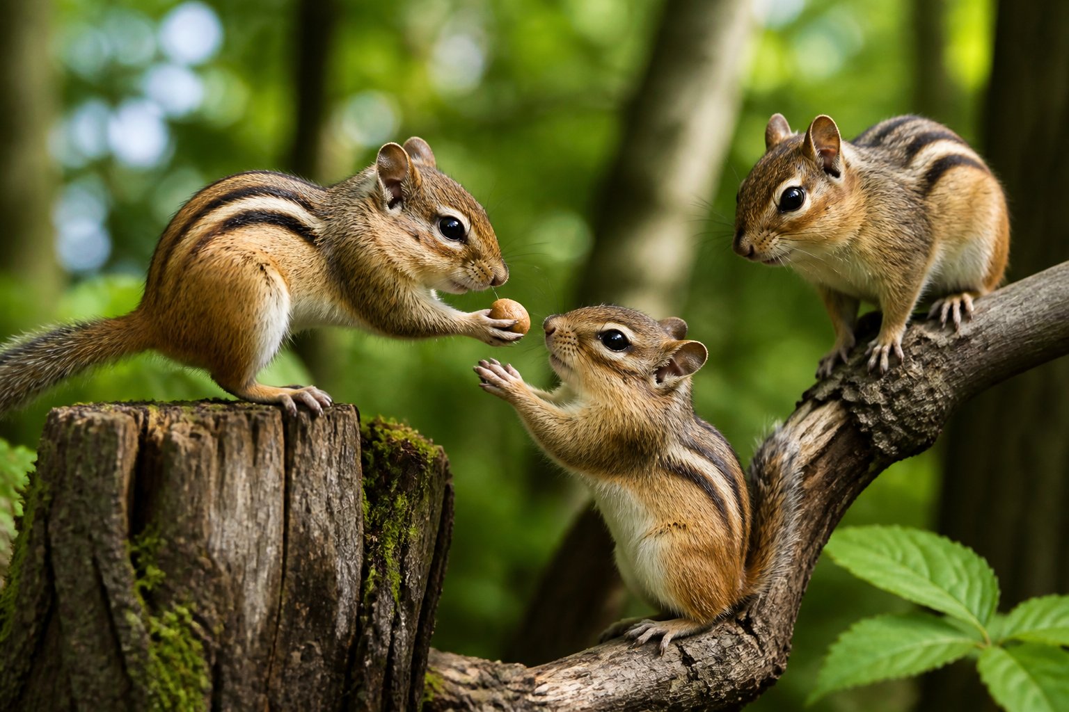 Three chipmunks interacting playfully on branches in a forest setting.