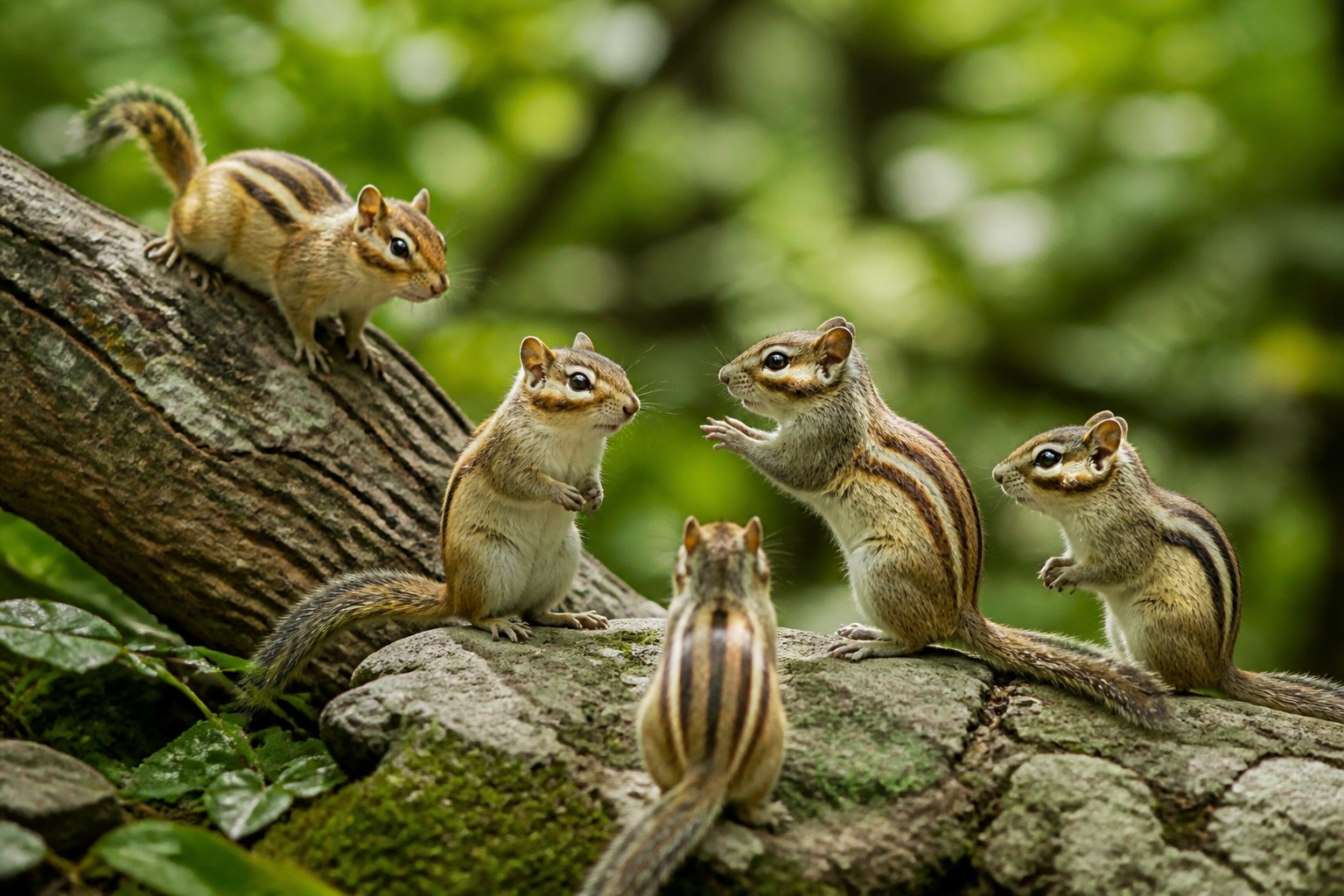 Several chipmunks playfully interacting on tree branches and rocks in a forest.