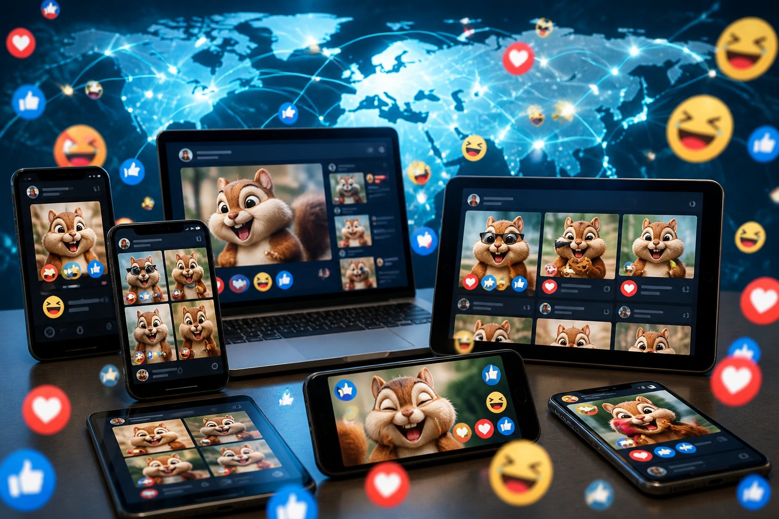 Multiple devices showing cartoon chipmunks and social media reactions, representing a joke spreading online.