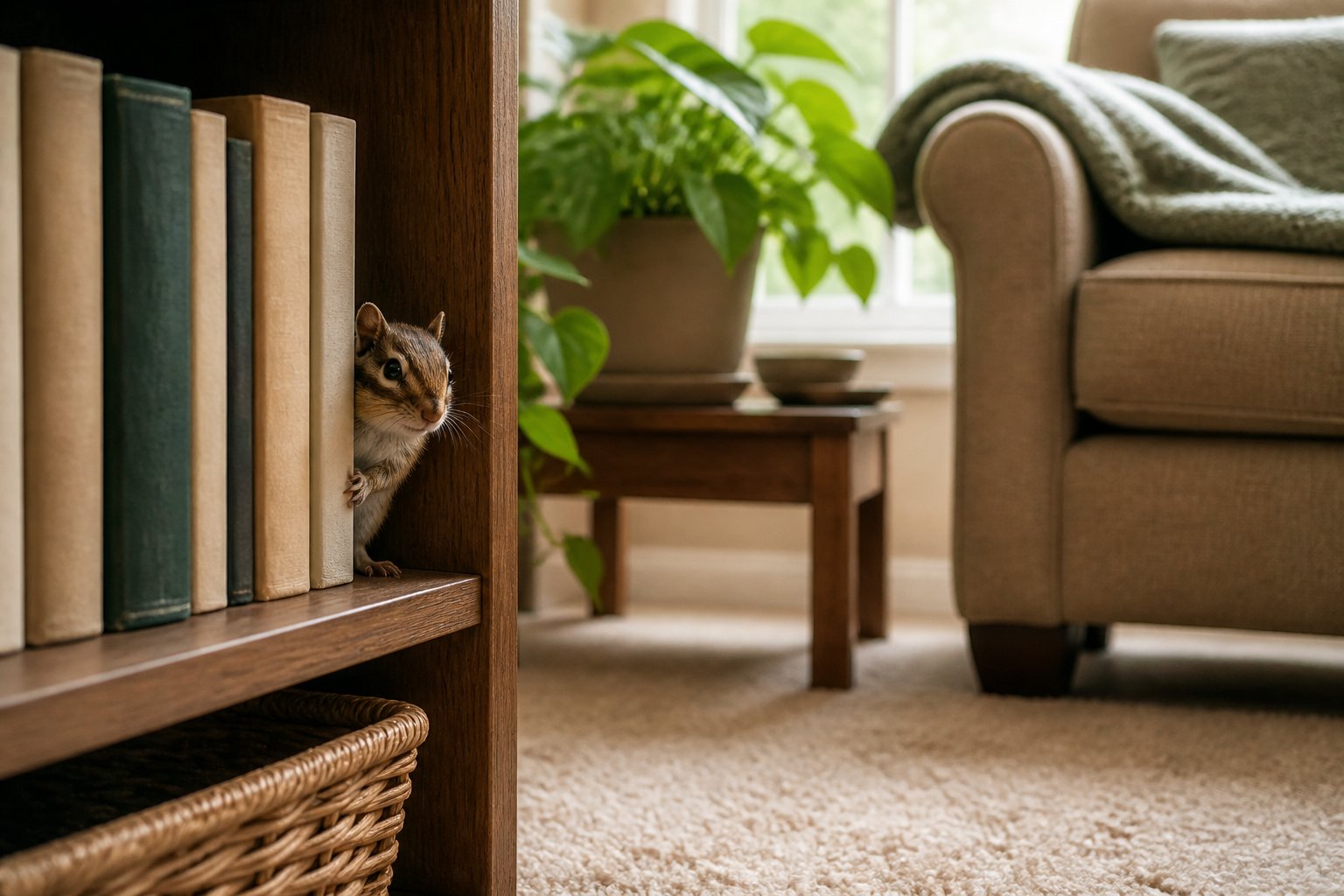 A chipmunk peeking out from behind books on a wooden bookshelf in a cozy living room corner.