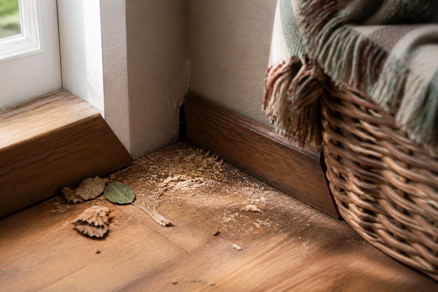 A corner inside a house near a wooden floor and wall with small gaps and scattered leaves and wood shavings suggesting a chipmunk hiding spot.