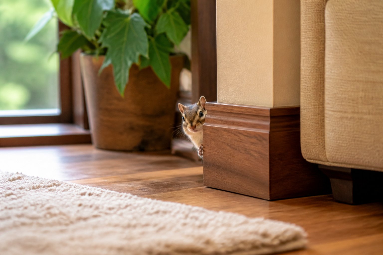 A chipmunk peeking out from behind a wooden baseboard inside a living room with a potted plant and a rug nearby.