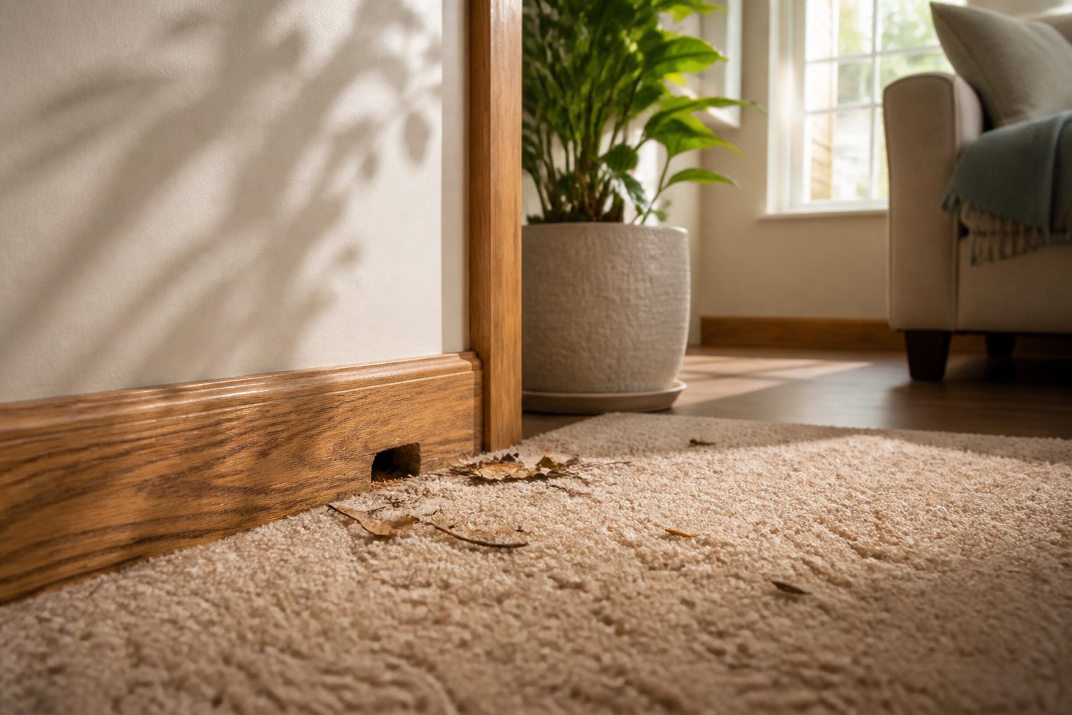 A cozy corner inside a house with a wooden baseboard and carpeted floor, showing a small gap near the floor where a chipmunk might hide.