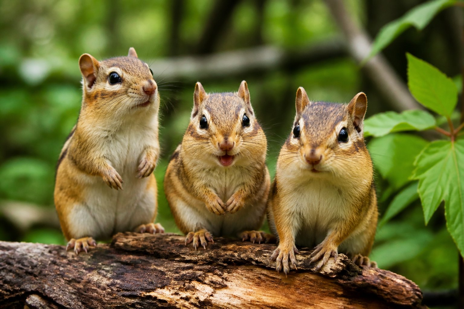Three chipmunks sitting together on a log in a green forest, each showing a different expression.