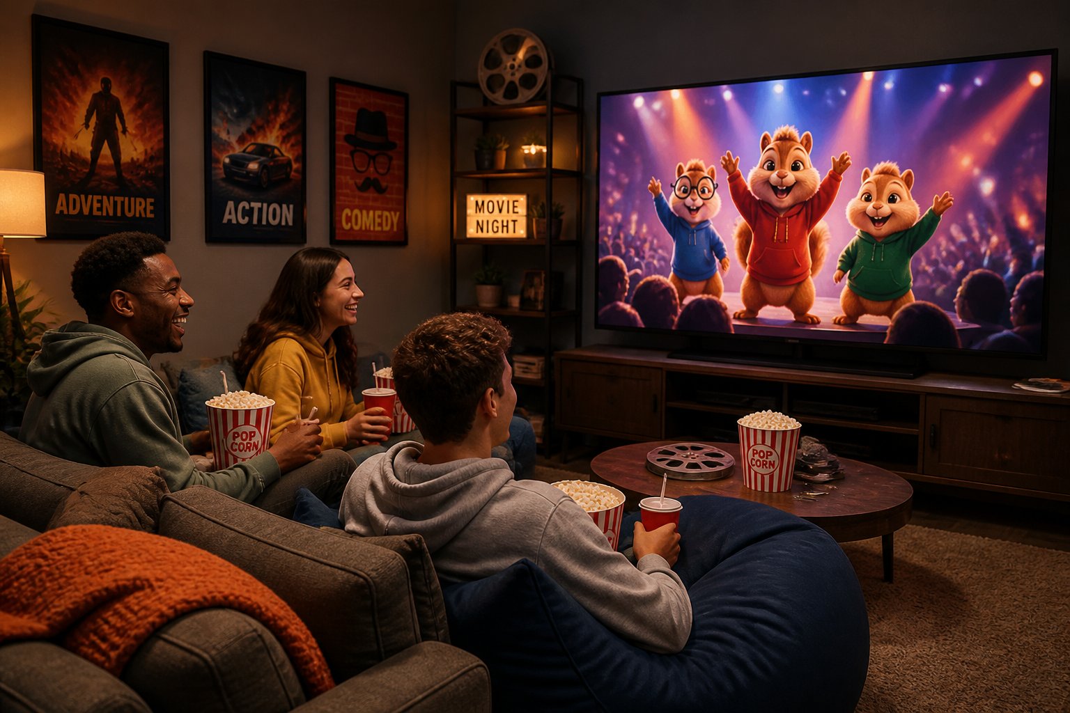 Three people sitting on a sofa and bean bags in a living room watching an animated movie on a large TV, holding popcorn and drinks.