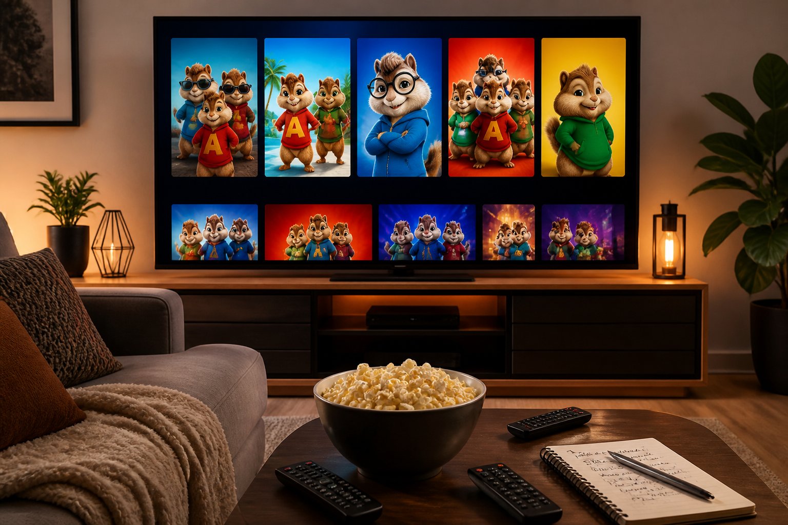 A cozy living room with a large TV showing animated movie thumbnails, a sofa, popcorn on a table, and a notebook with notes nearby.
