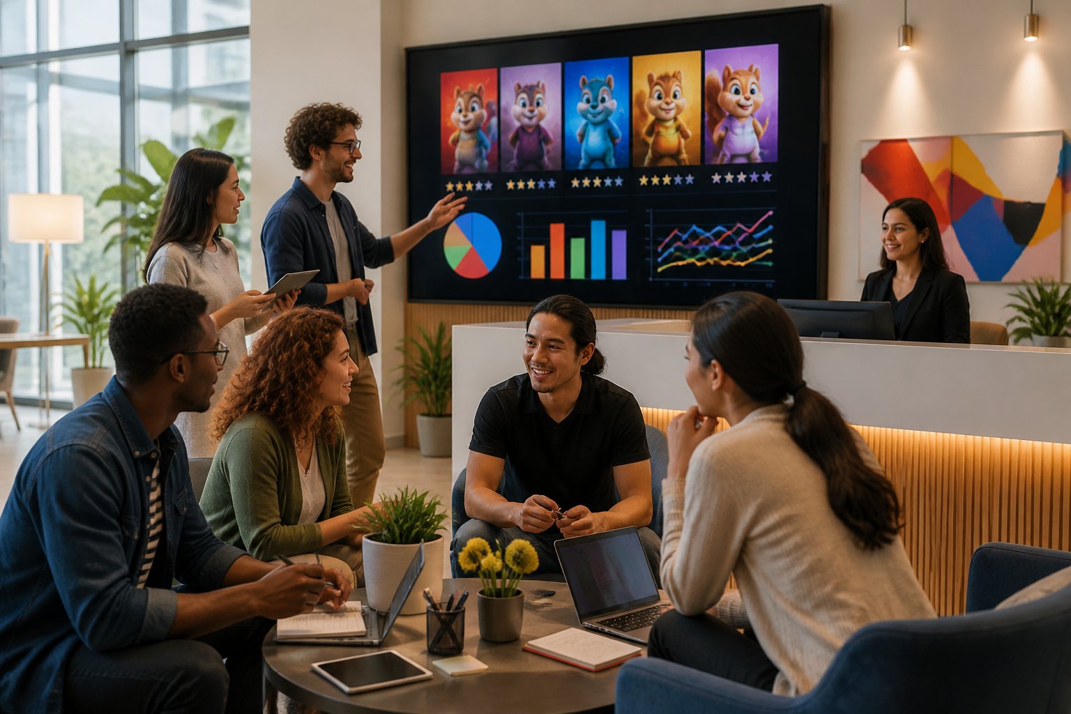 A group of creative professionals discussing and collaborating in a modern office reception area with a receptionist and a large screen in the background.
