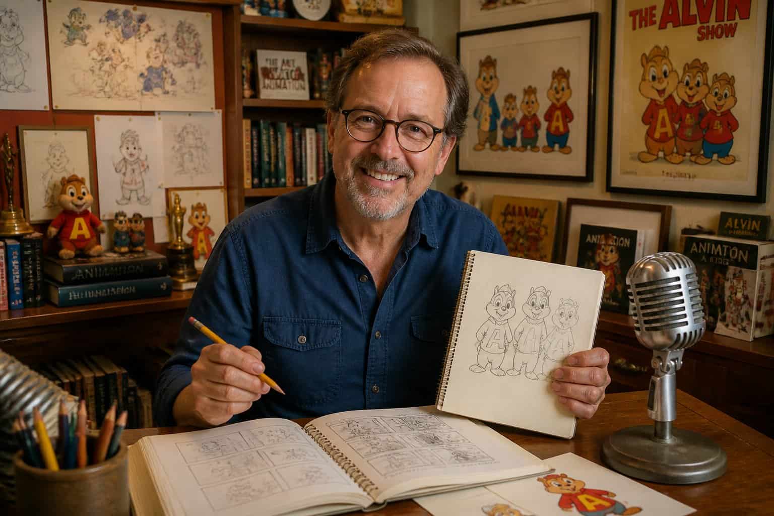 A man sitting at a desk in a home office surrounded by animation sketches and memorabilia, holding a pencil and notebook.