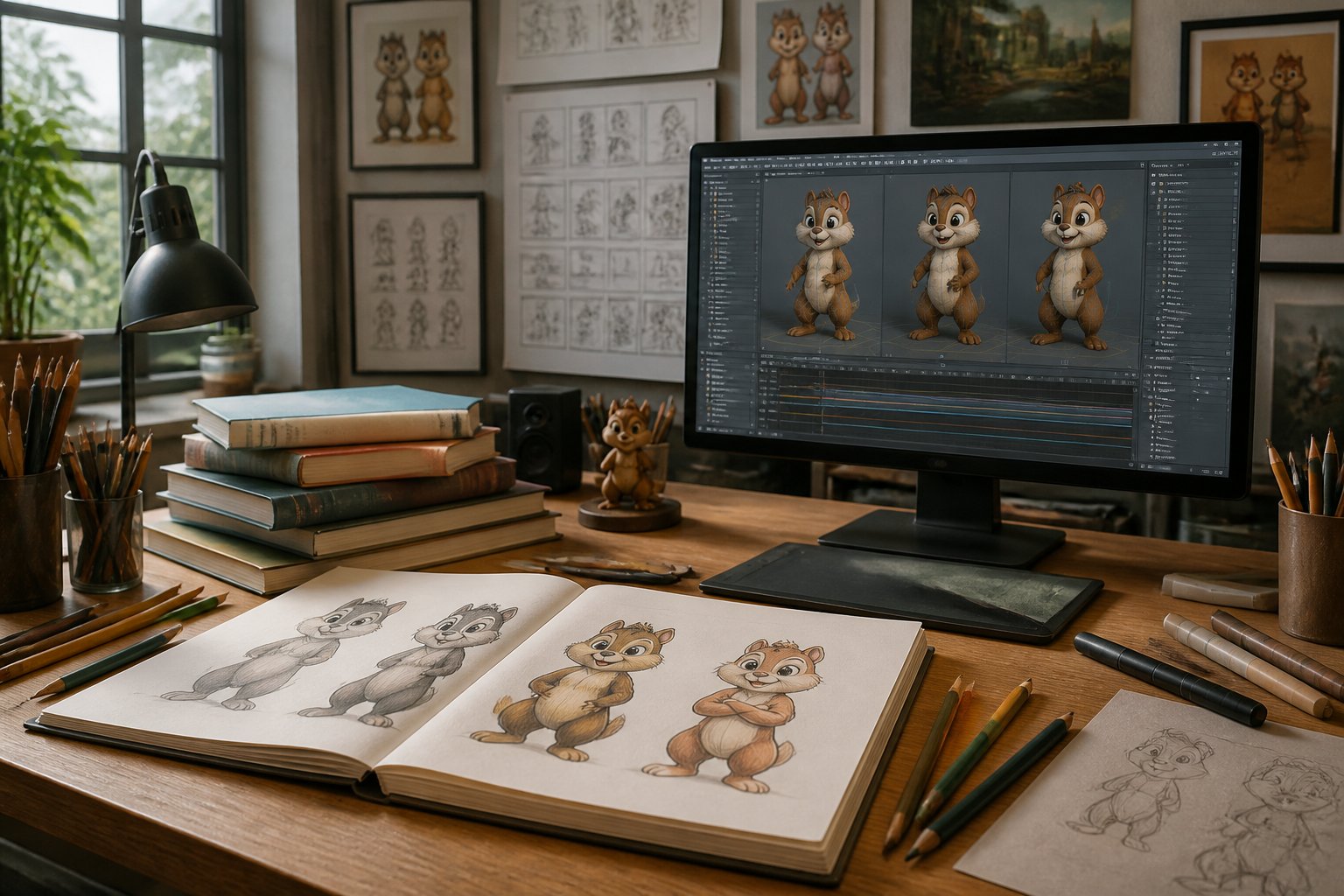 A creative workspace with sketches of chipmunk characters, animation software on a computer, art supplies, and framed concept art on the wall.
