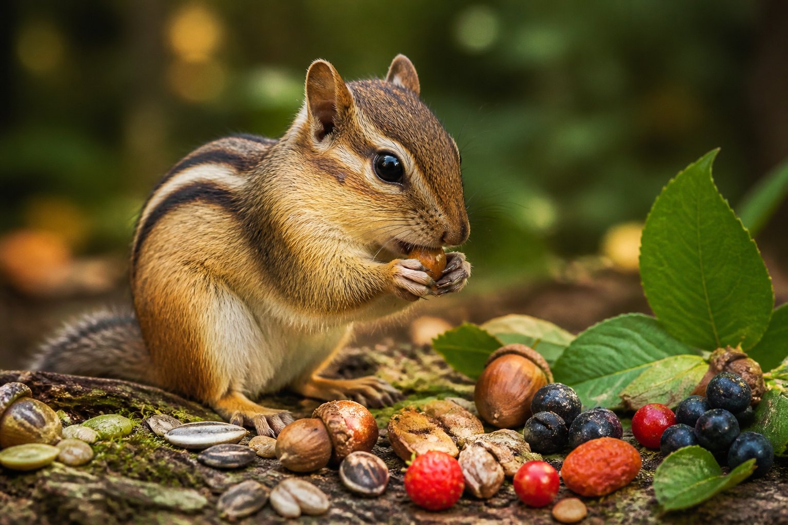 A chipmunk eating a nut surrounded by nuts, seeds, berries, and leaves in a forest setting.