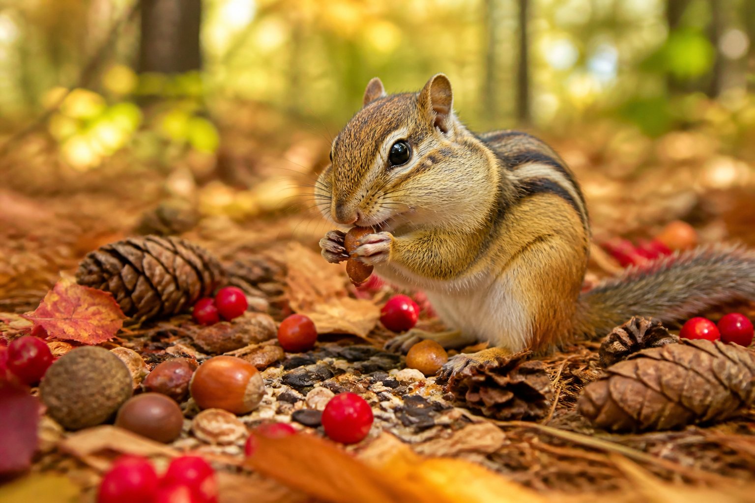 A chipmunk gathering nuts and seeds on the forest floor surrounded by autumn leaves and pine cones.