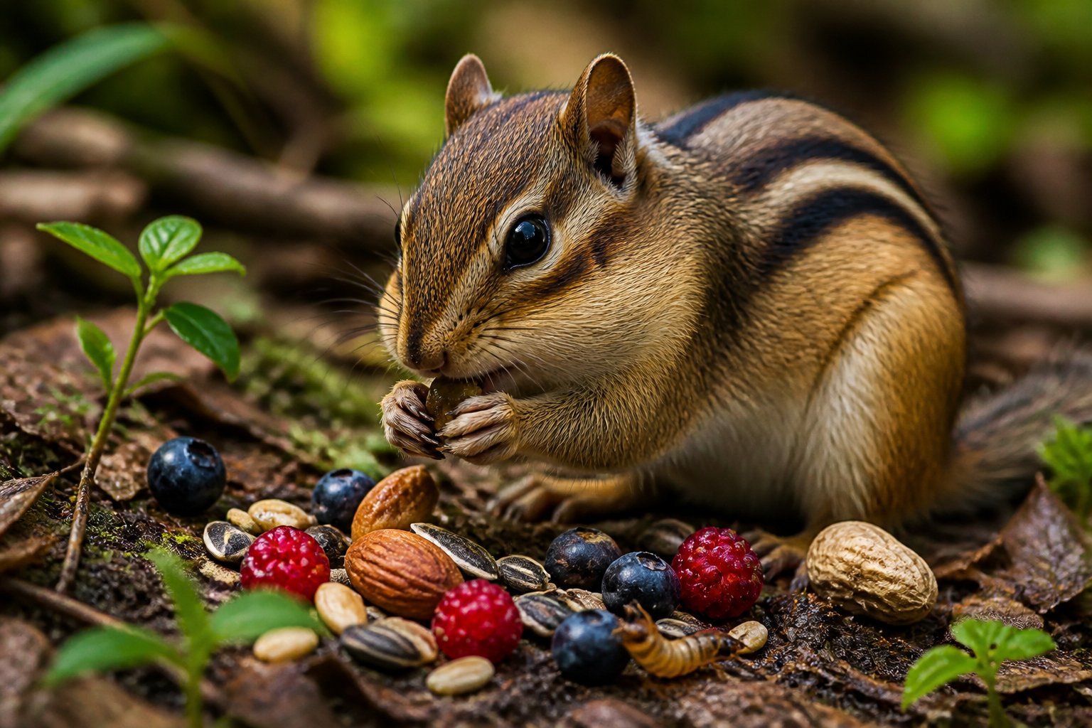 A chipmunk eating seeds and nuts on the forest floor surrounded by leaves and plants.