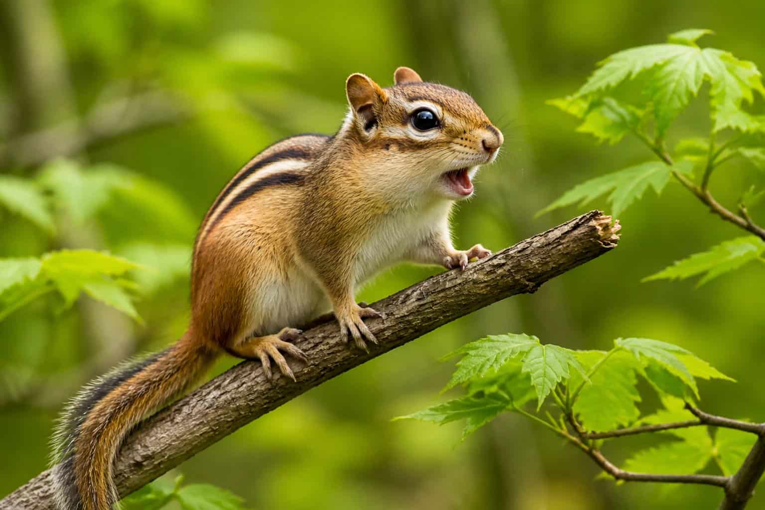 A chipmunk sitting on a tree branch in a forest, appearing to chirp with its mouth open.