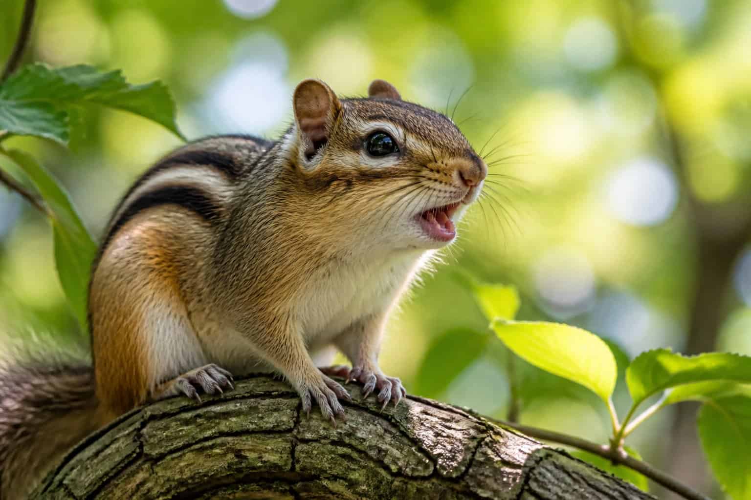 A chipmunk on a tree branch in a forest with its mouth open as if chirping.