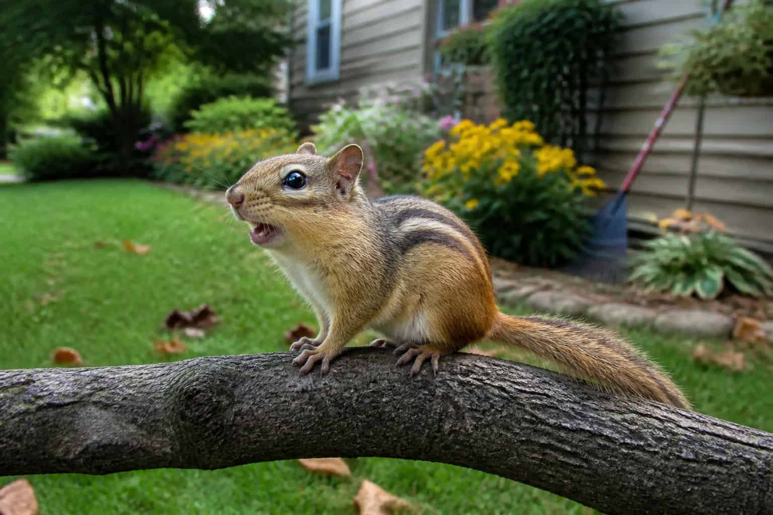 A chipmunk perched on a tree branch in a green backyard, appearing to chirp with a suburban home in the background.
