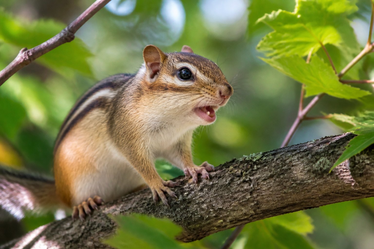 A chipmunk sitting on a tree branch in a forest, appearing to chirp with its mouth open.