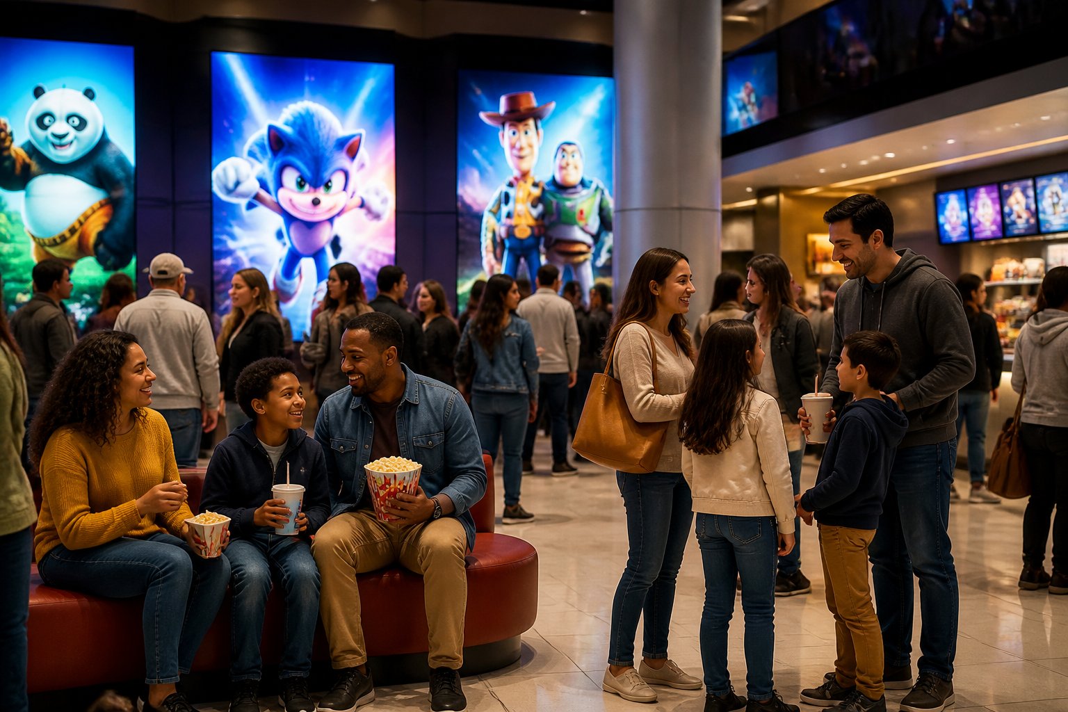 People in a busy movie theater lobby looking at animated movie posters and talking excitedly.