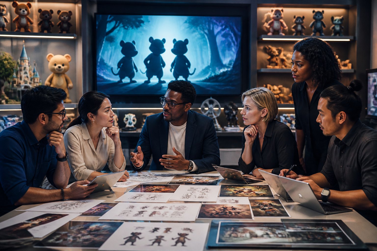 A group of diverse professionals discussing animation concepts in a modern movie studio with digital screens and storyboards.
