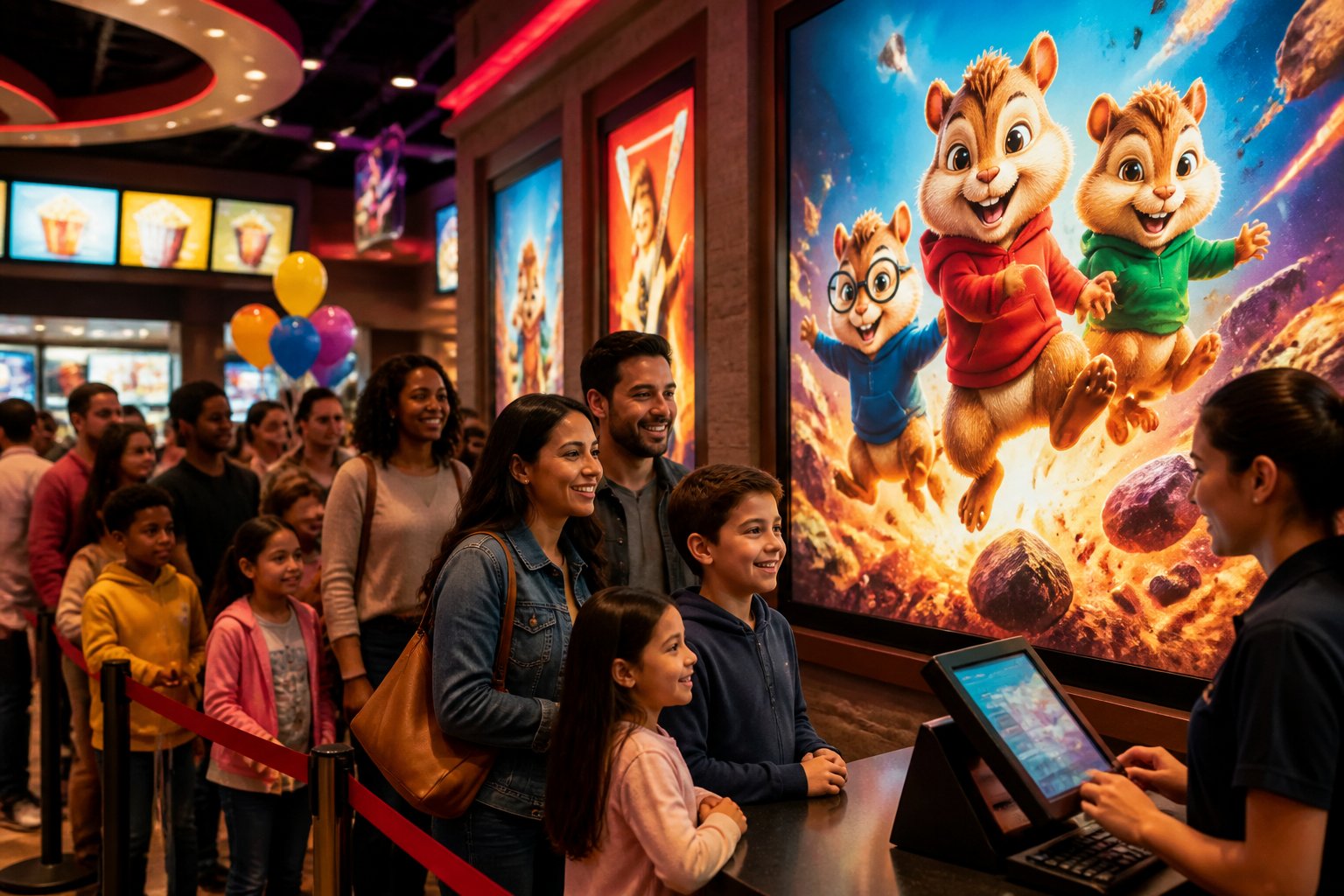 Families and children excitedly waiting in a busy movie theater lobby with colorful decorations and animated chipmunk movie posters.
