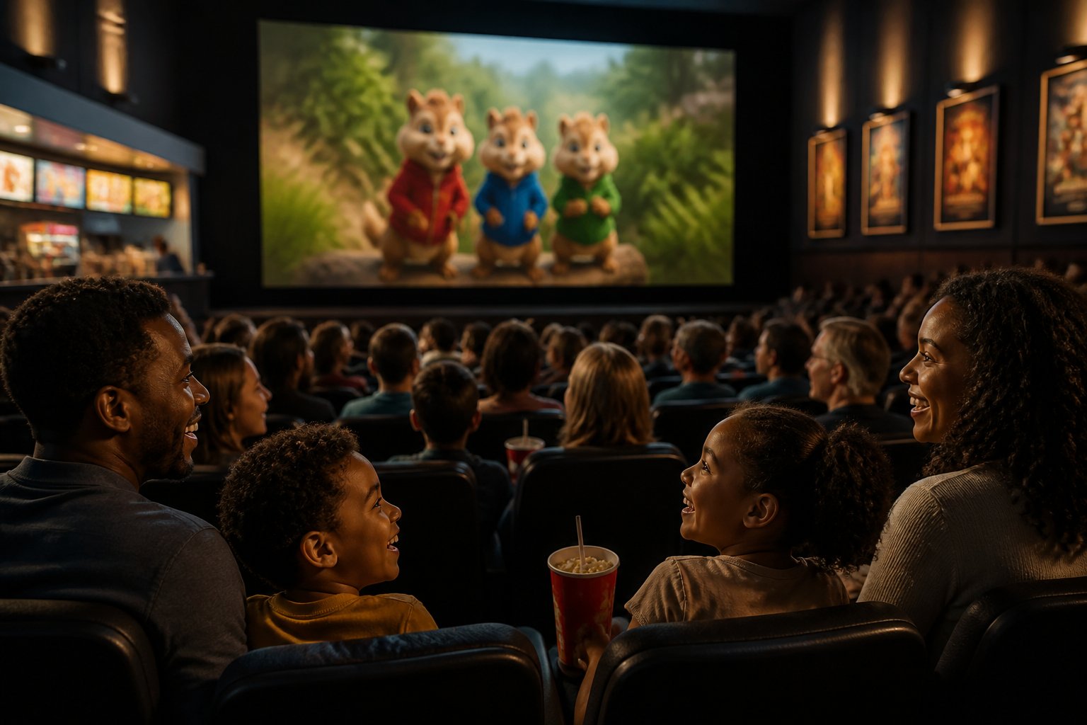 A diverse group of families and children watching an animated movie together in a lively movie theater.