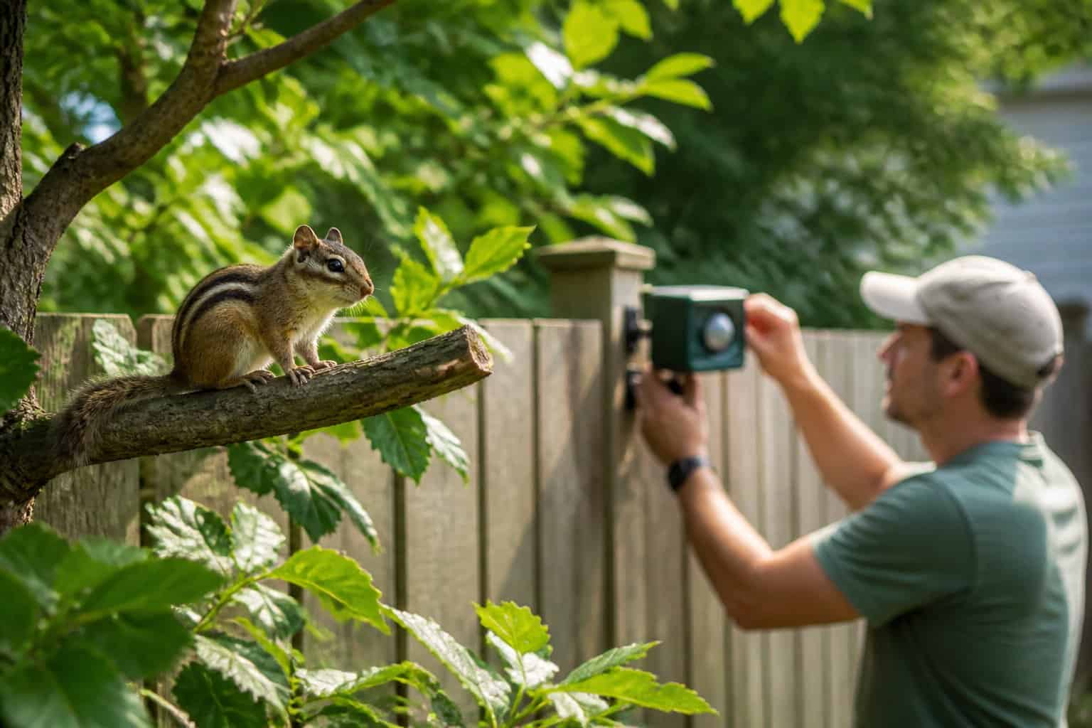 A chipmunk on a tree branch in a backyard while a person installs a humane wildlife deterrent on a fence.