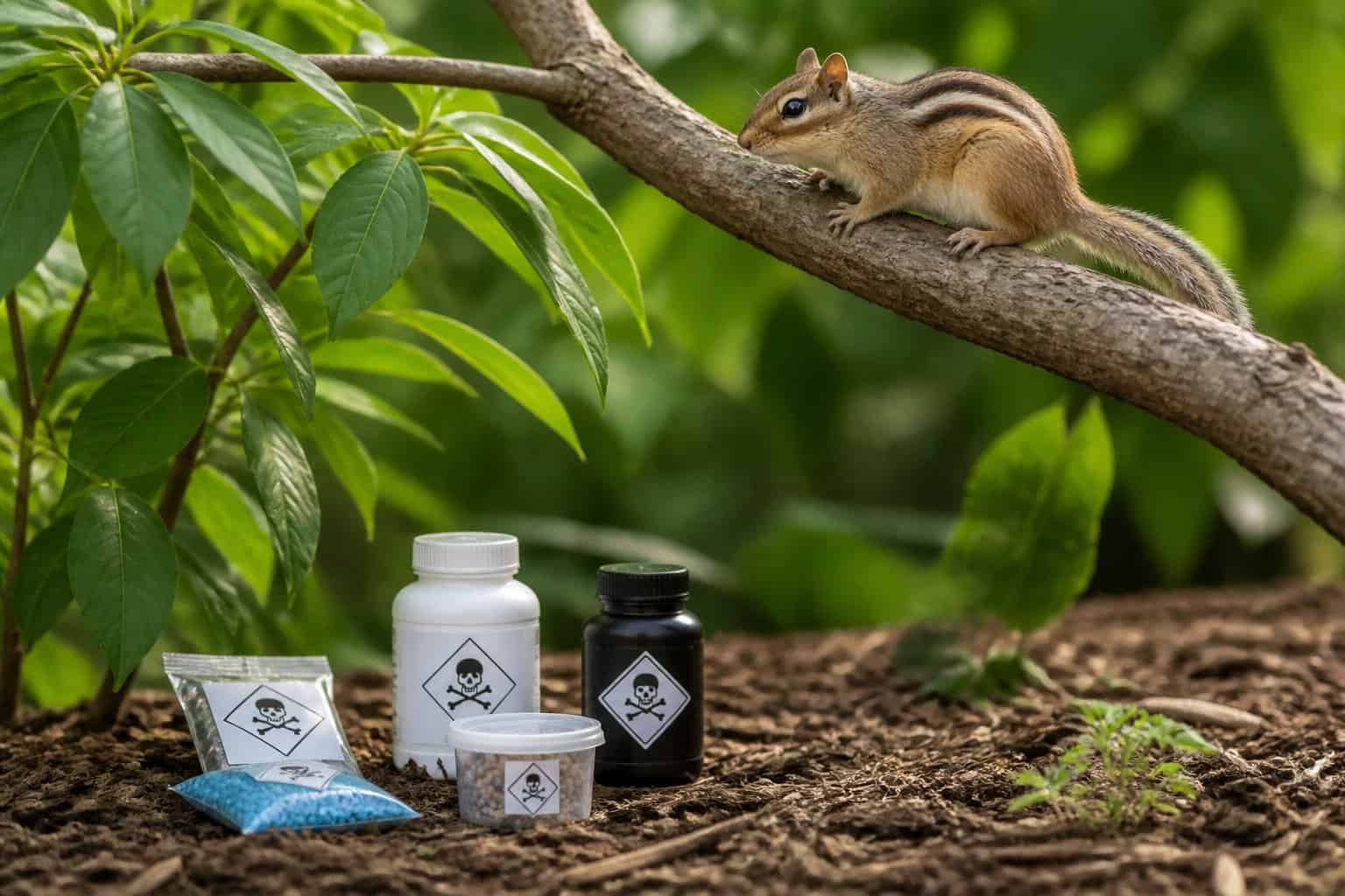 A chipmunk sitting on a tree branch with small containers of poison placed on the ground nearby in a natural outdoor setting.
