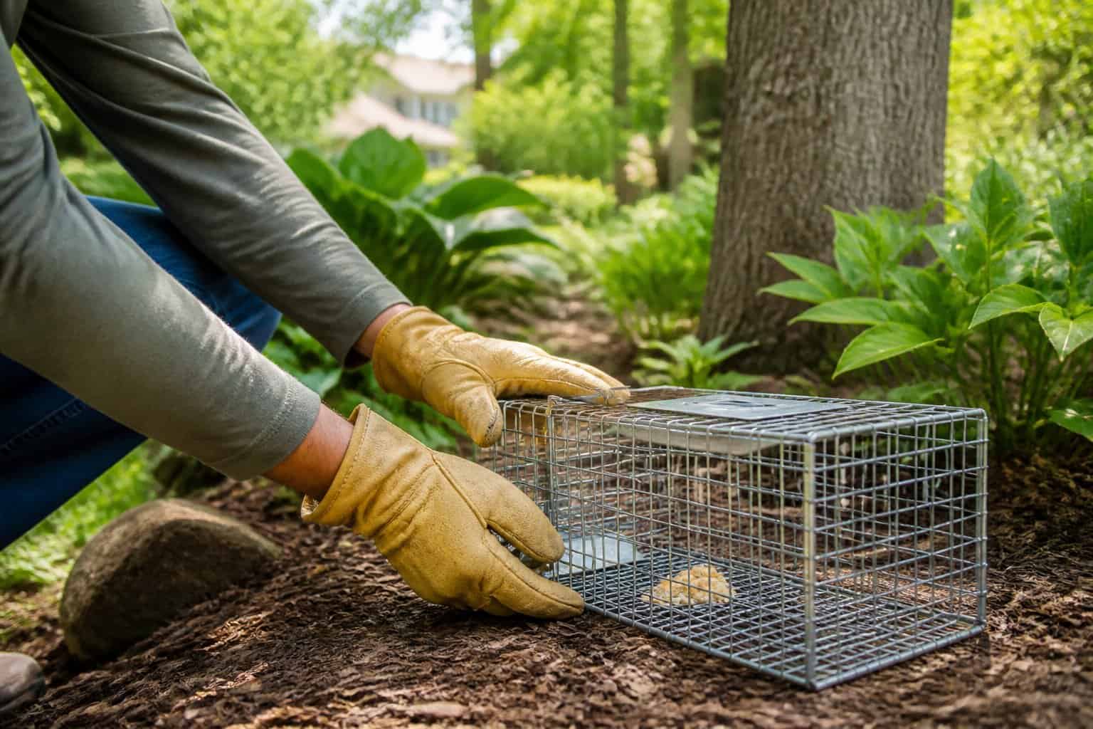 A person wearing gloves setting up a humane live trap for chipmunks in a green backyard garden.