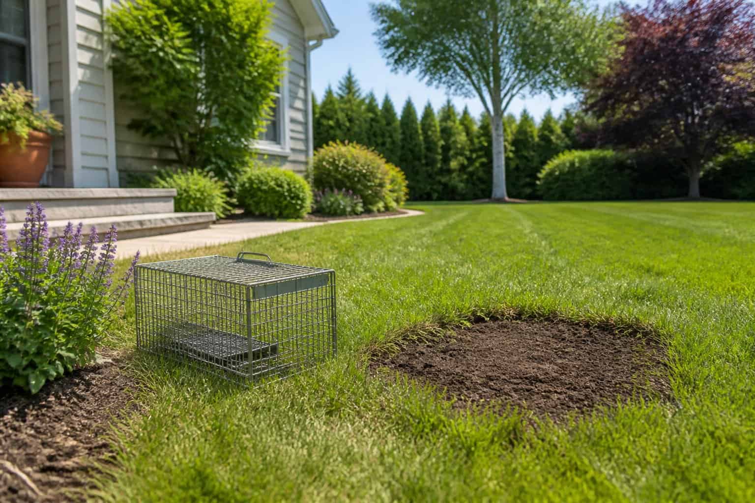 A garden area with repaired soil patches and natural pest control methods visible, surrounded by green grass and trees.