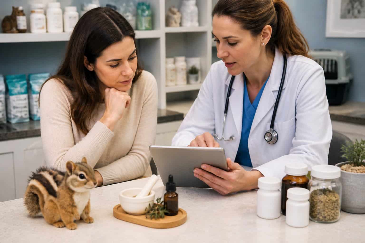 A veterinarian consulting with a pet owner in a clinic, discussing pet safety and care.