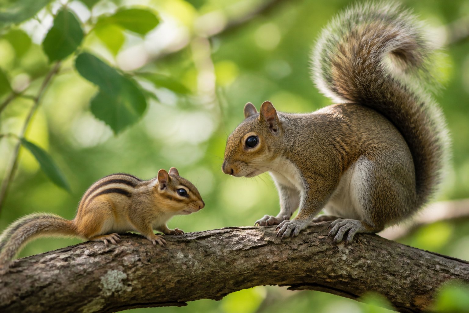 A chipmunk and a squirrel sitting side by side on a tree branch surrounded by green leaves.