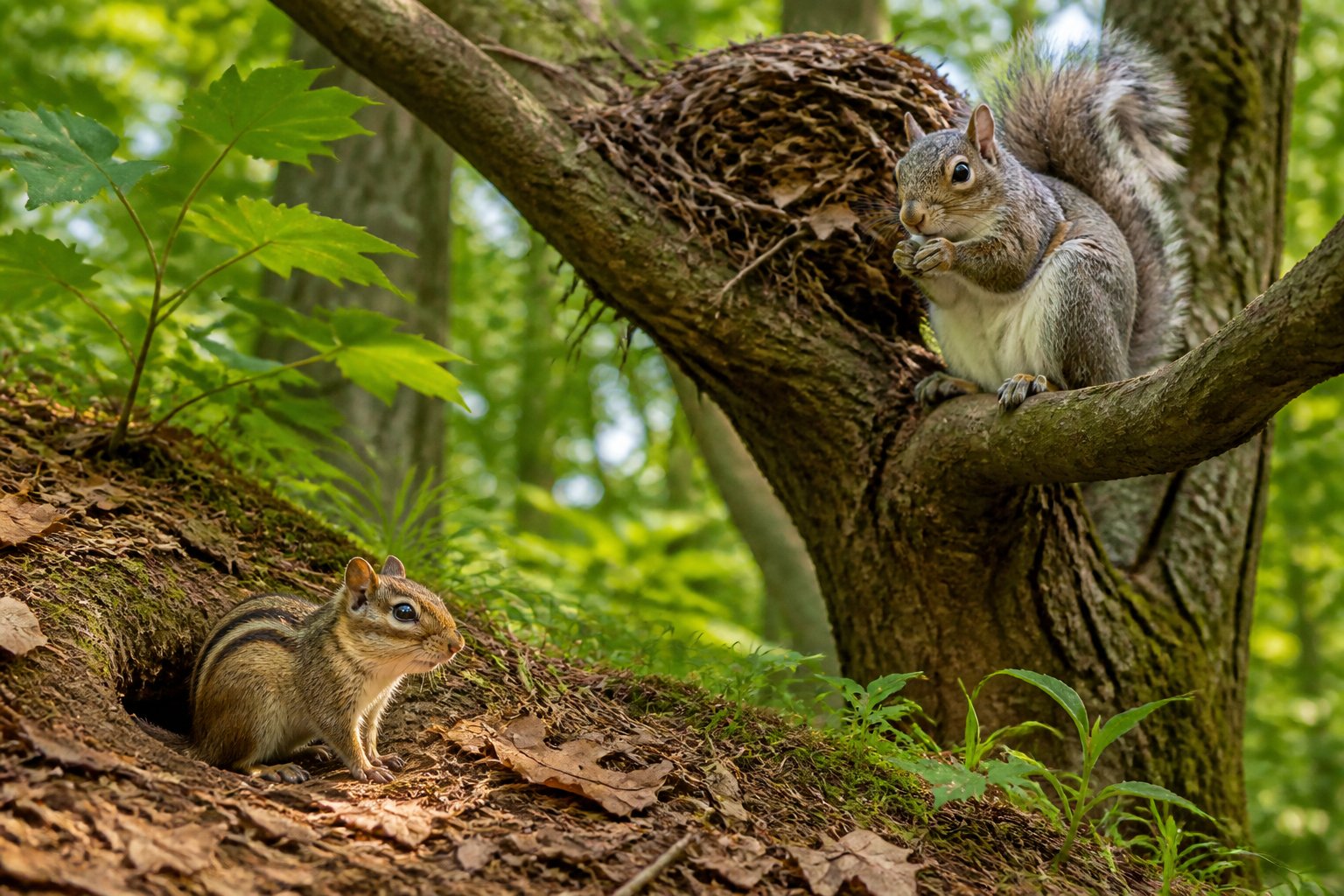 A chipmunk near its burrow on the forest floor and a squirrel sitting on a tree branch with a nest in the background.
