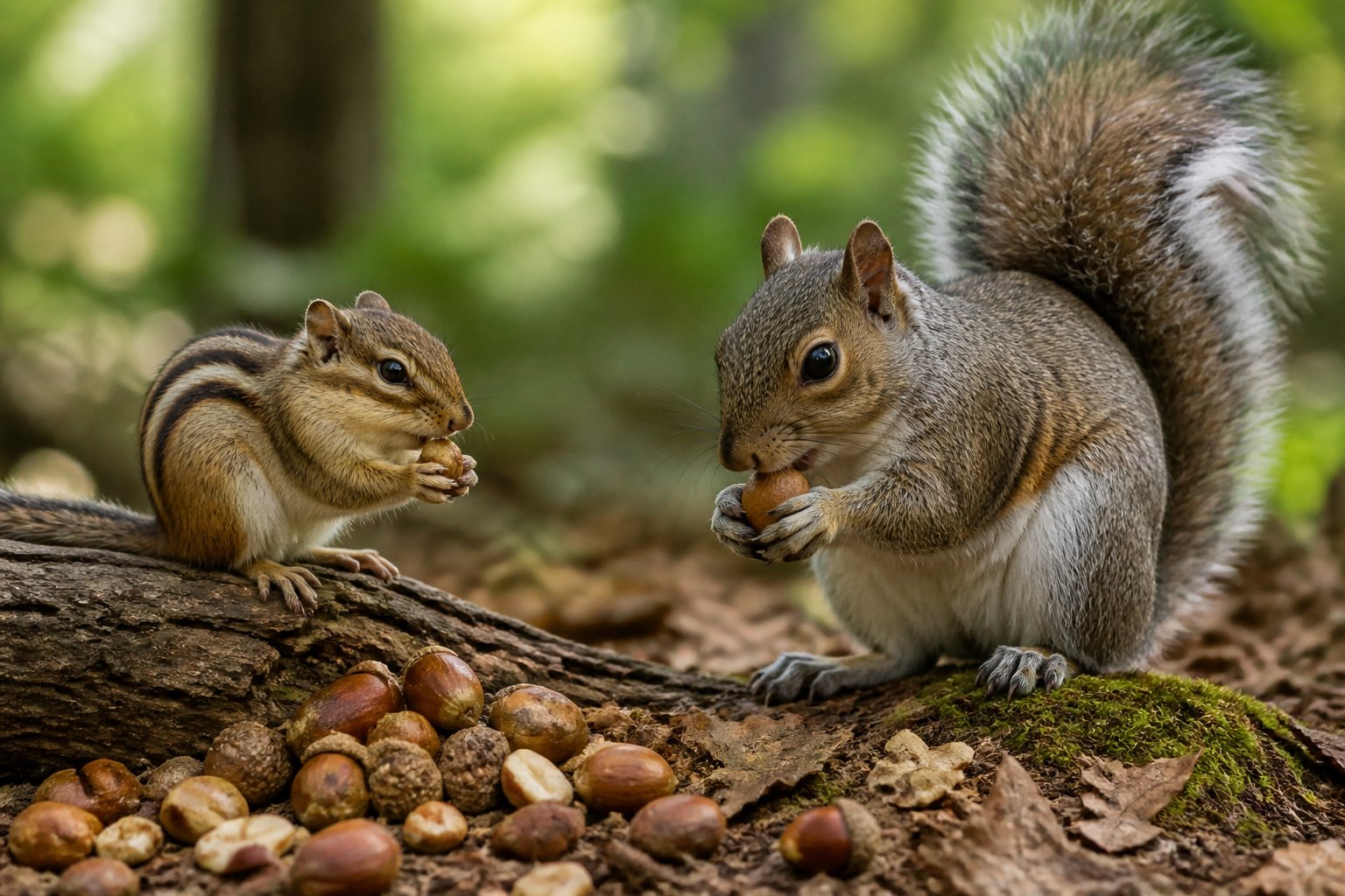 A chipmunk and a squirrel together in a forest setting, each engaged in gathering food.