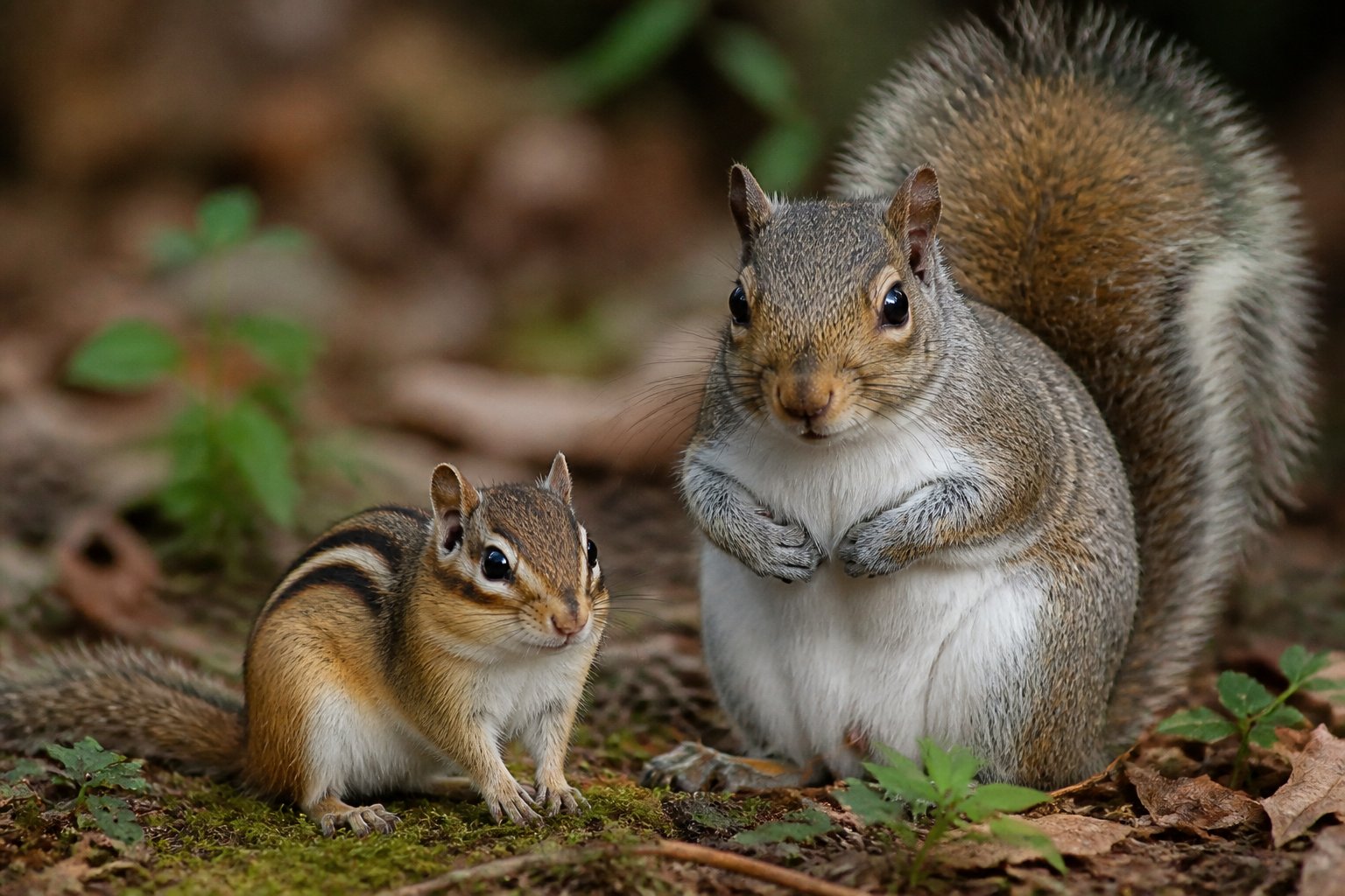 A chipmunk and a squirrel sitting next to each other on the forest floor surrounded by leaves and plants.