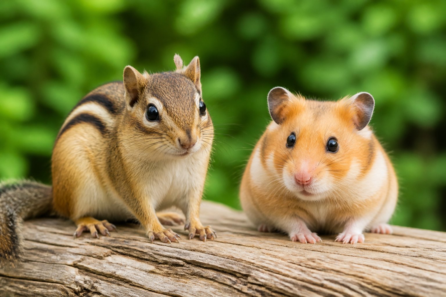 A chipmunk and a hamster sitting side by side on a wooden surface with green blurred background.