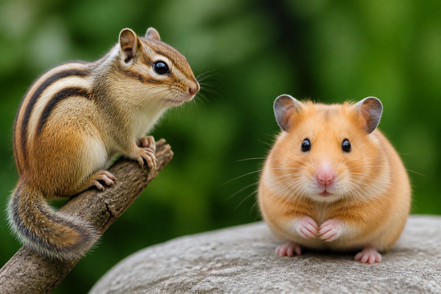 A chipmunk and a hamster shown side by side, highlighting their different sizes and features.