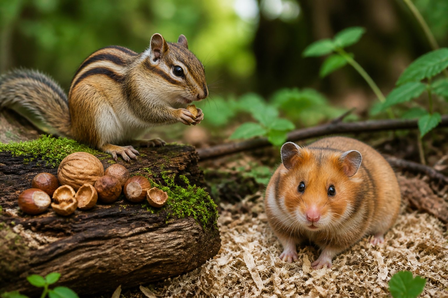 A chipmunk on a tree branch next to a hamster on the ground in a natural forest setting.