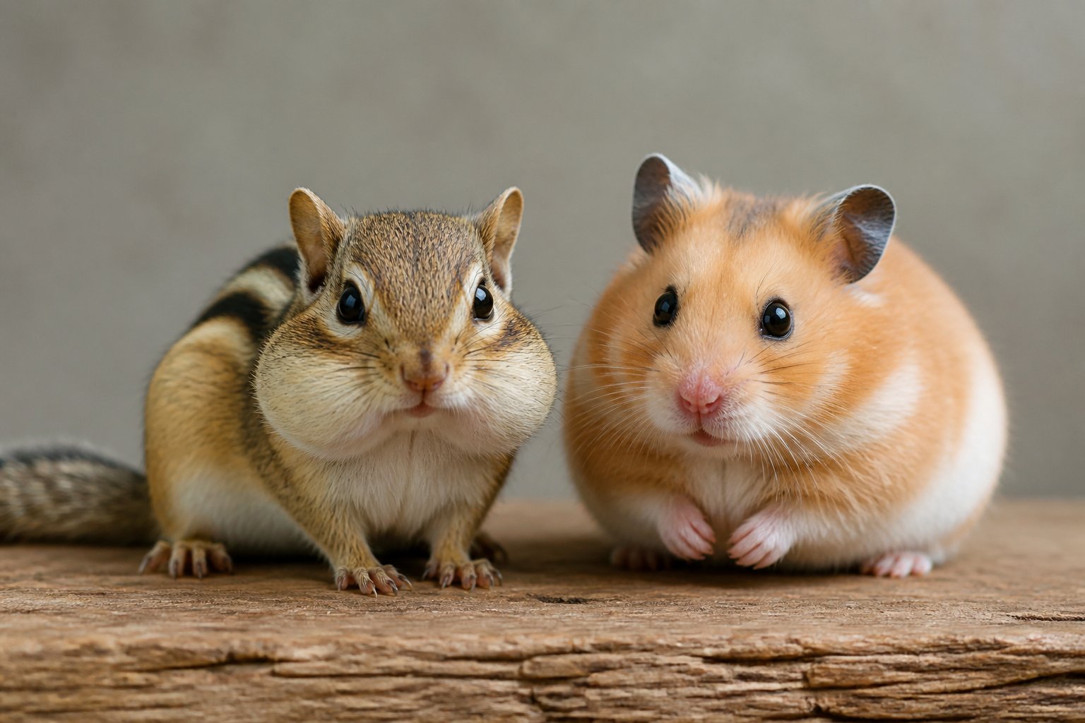 A chipmunk and a hamster sitting side by side on a wooden surface.