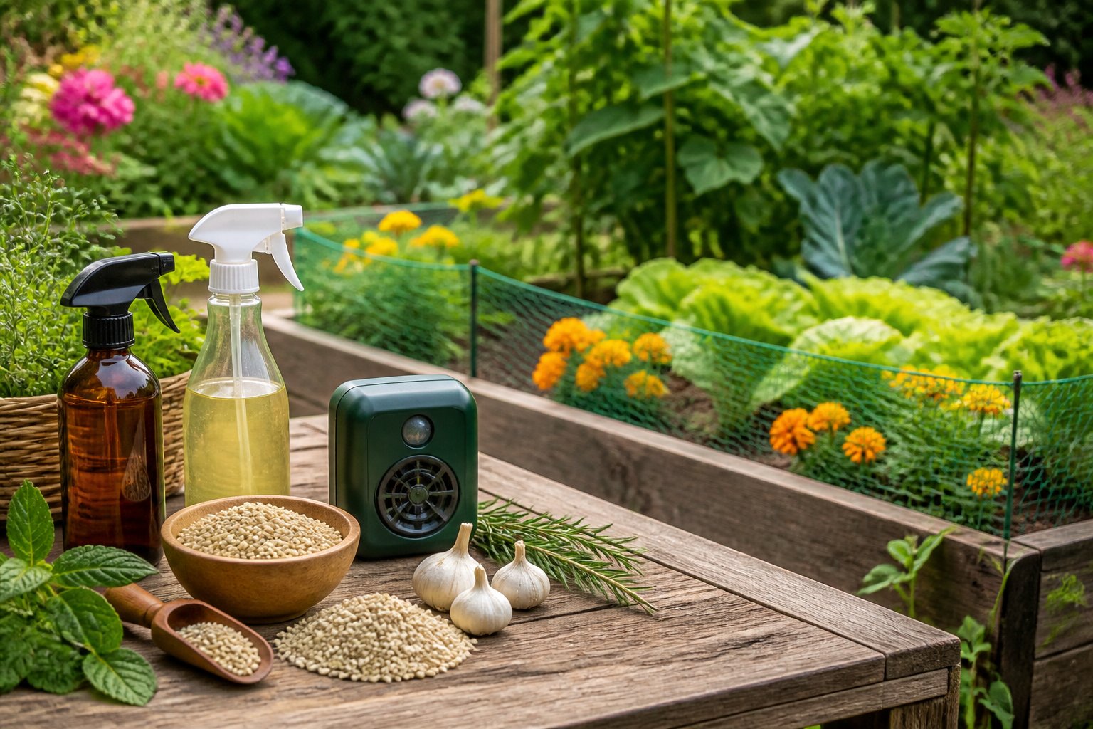 A garden with healthy plants and natural repellents for chipmunks and rabbits placed on a wooden table.