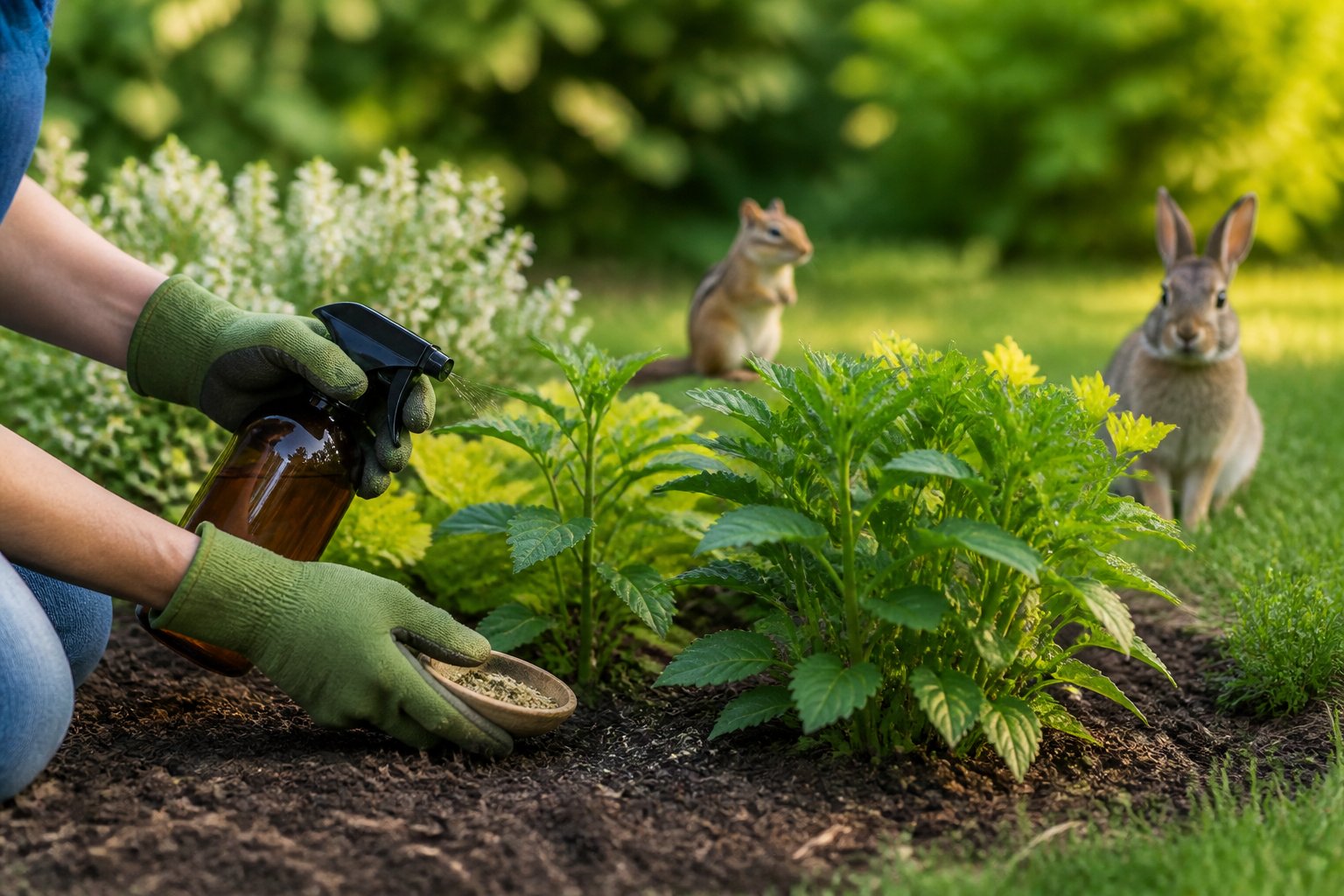 A person wearing gardening gloves applies repellent around plants in a garden while a chipmunk and a rabbit watch from a distance.