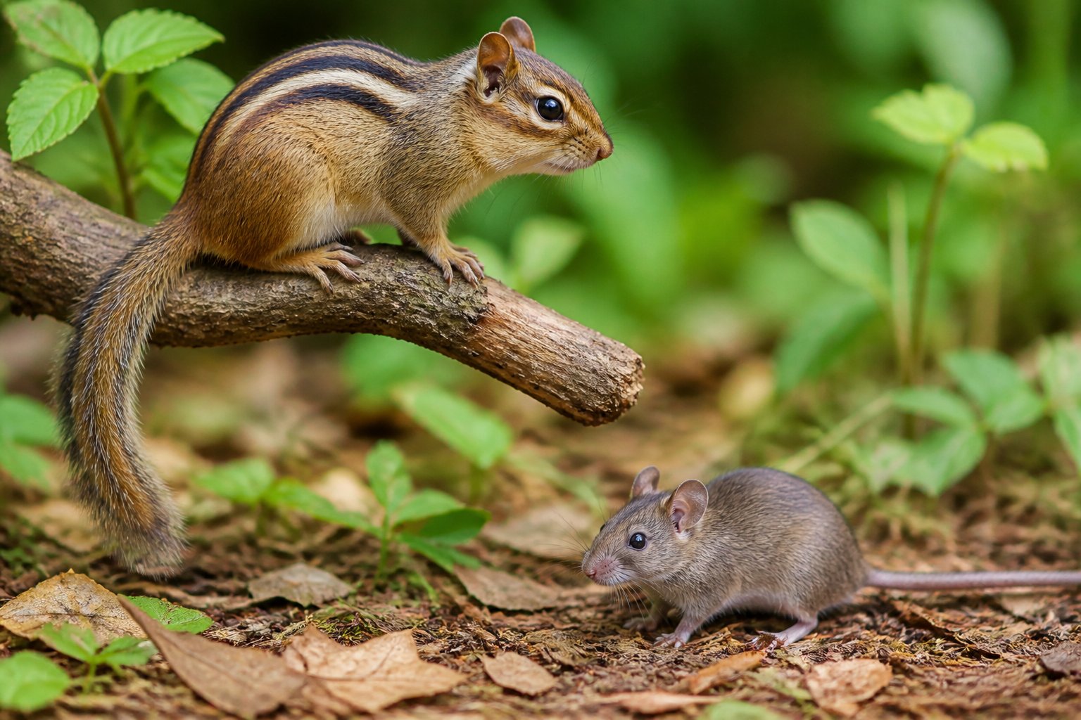 A chipmunk on a tree branch and a mouse on the ground nearby in a natural outdoor setting.