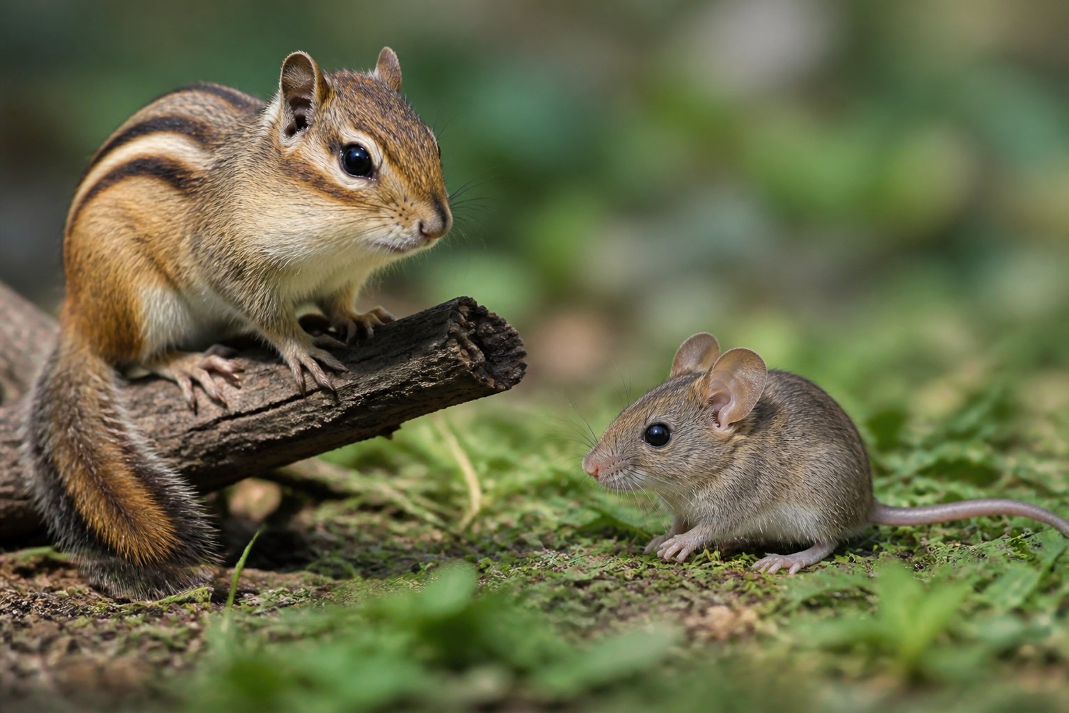 A chipmunk and a mouse side by side outdoors showing their different sizes and features.