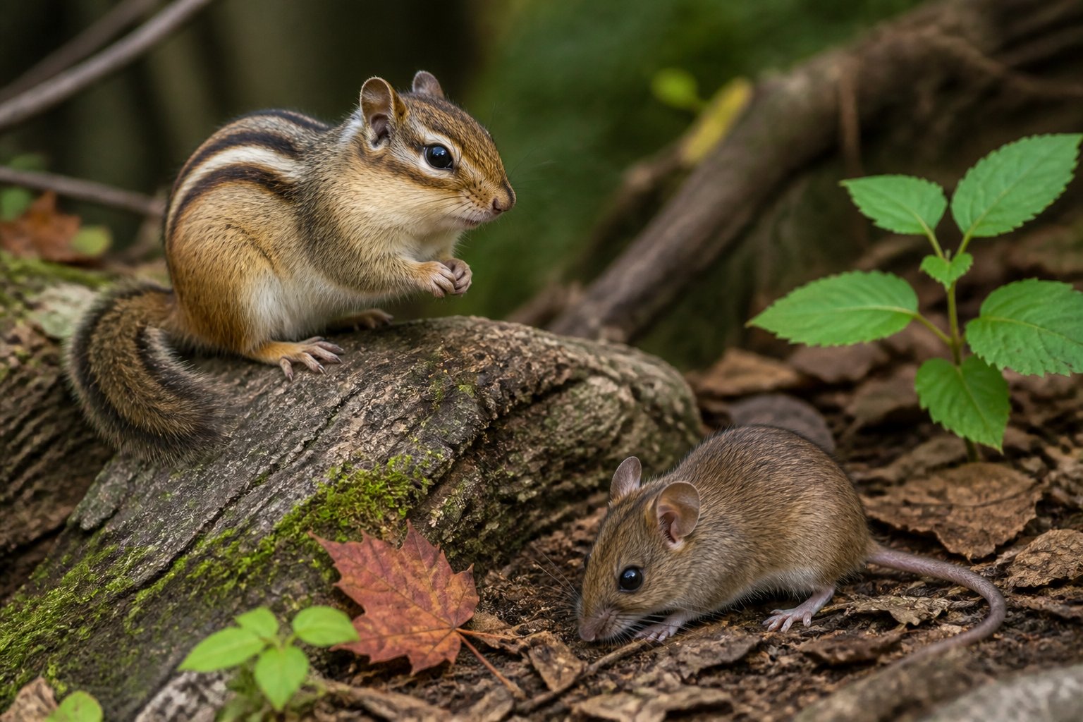 A chipmunk and a mouse side by side in a forest setting, surrounded by leaves and plants.