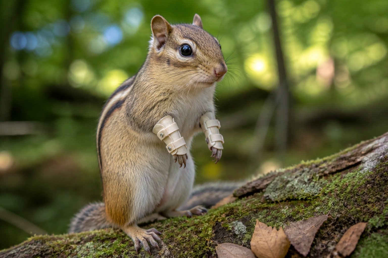A chipmunk wearing small orthotic devices on its front paws standing on a mossy tree branch in a forest.