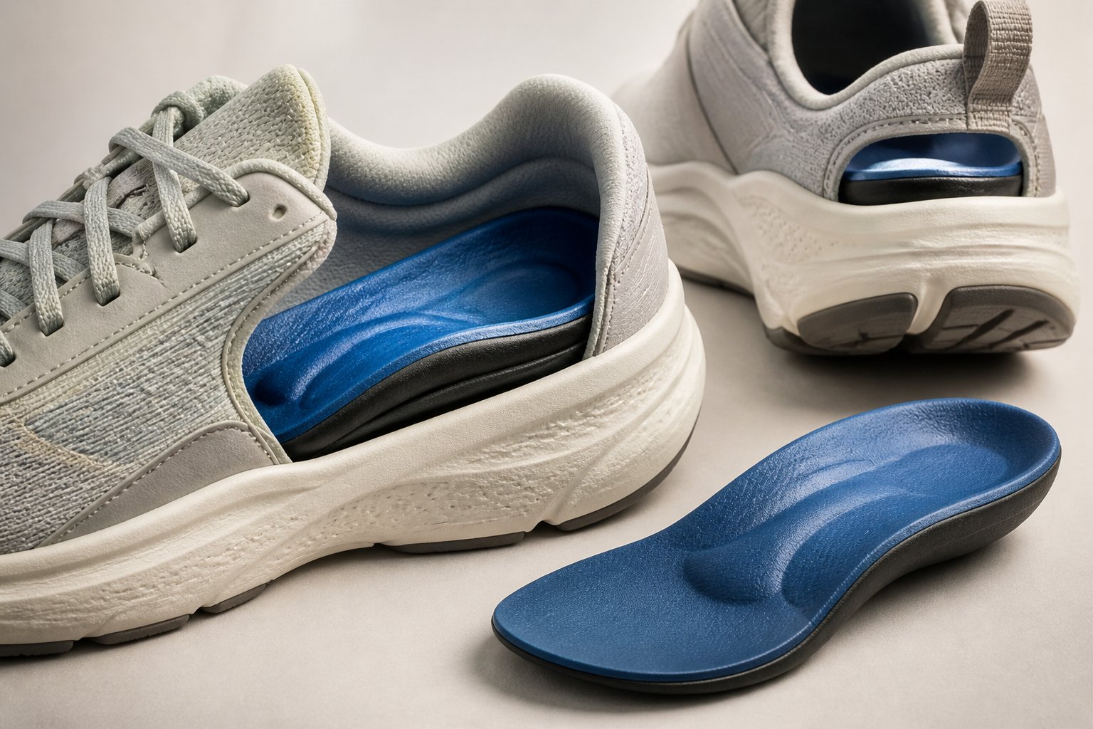Close-up of a pair of shoes with orthotic insoles highlighting design features that support foot stability.