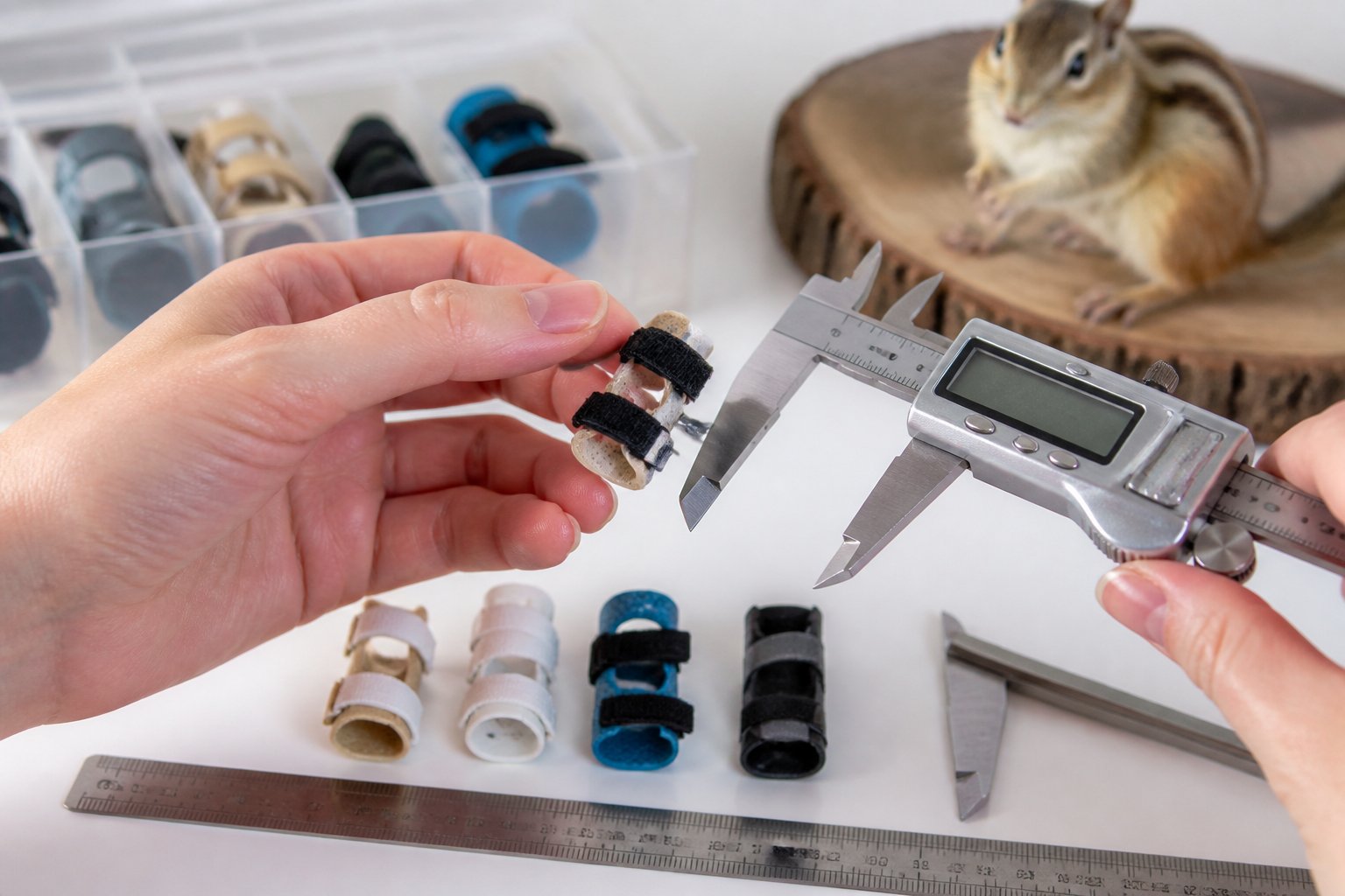 Hands measuring a small orthotic device with tools while a chipmunk sits calmly nearby on a wooden surface.