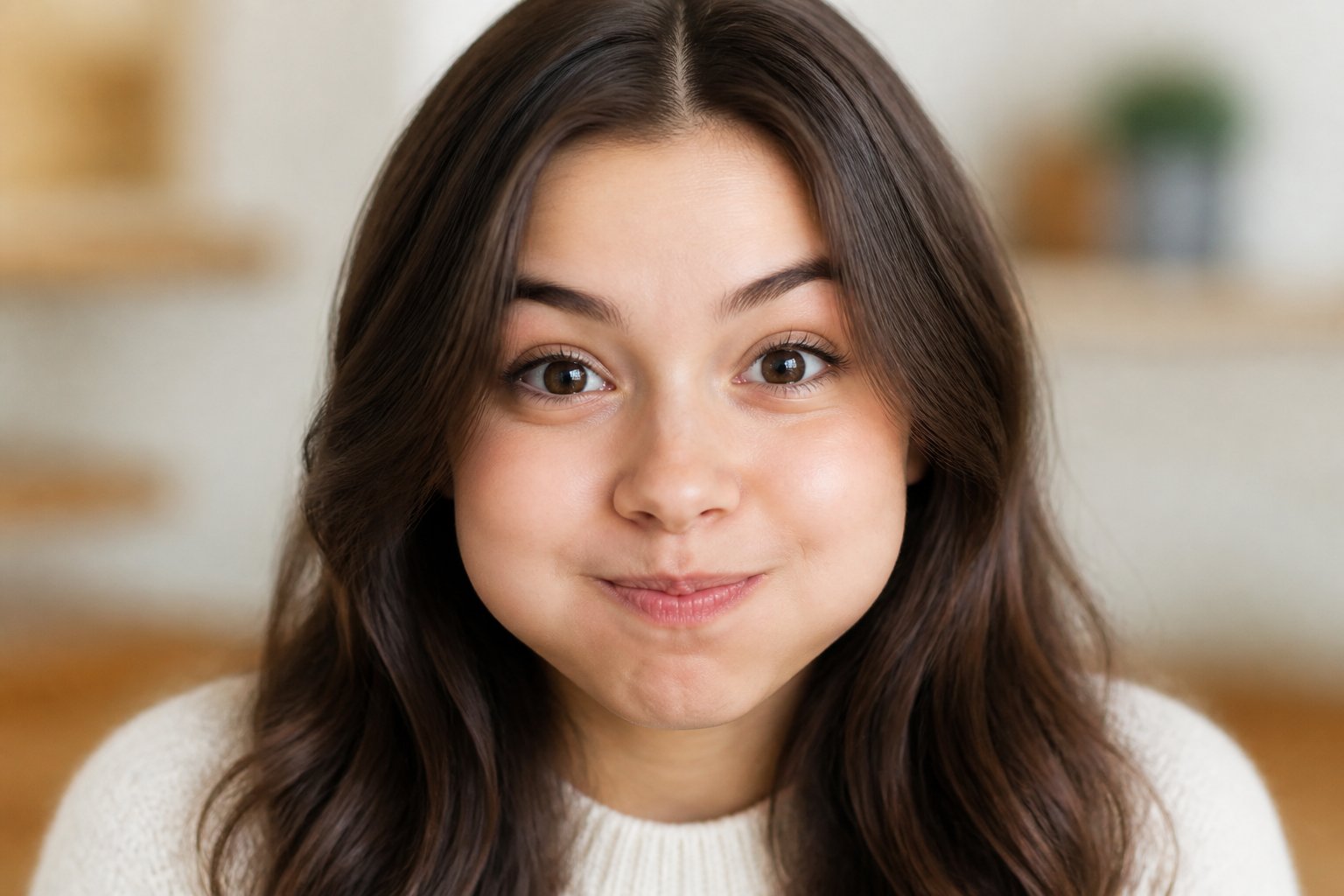 Close-up portrait of a person with puffed cheeks and wide eyes, looking directly at the camera with a gentle smile.