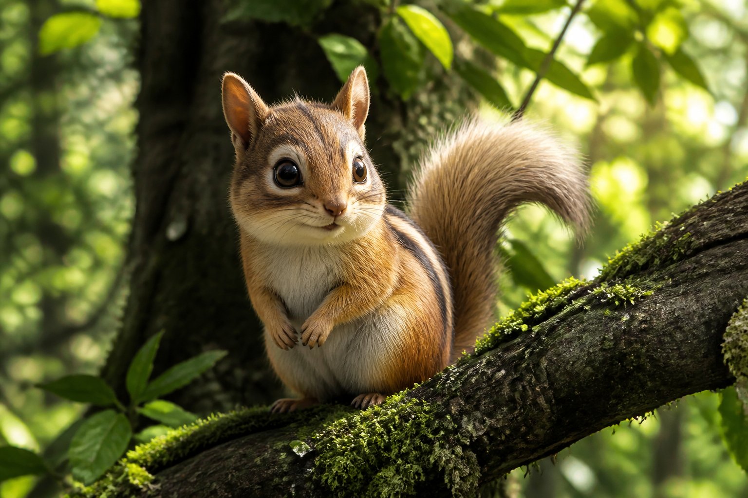 A small chipmunk-like creature with brown and cream fur sitting on a tree branch in a sunlit forest.