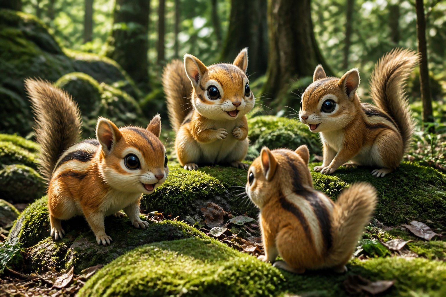 Several small chipmunk-like creatures with bushy tails playing together in a sunlit forest among rocks and leaves.