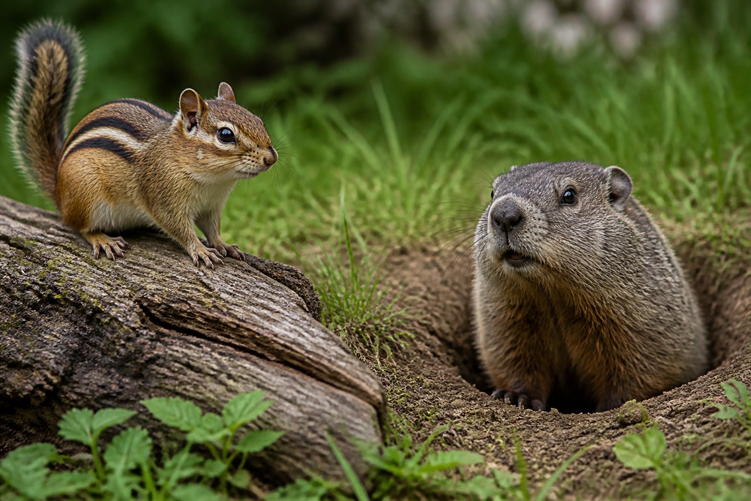 A chipmunk on a tree branch next to a gopher emerging from a burrow in a grassy outdoor setting.